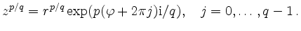 $\displaystyle z^{p/q} =
r^{p/q} \exp(p(\varphi+2\pi j)\mathrm{i}/q),\quad
j=0,\ldots,q-1
\,.
$