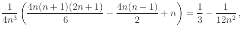 $\displaystyle \frac{1}{4n^3} \left( \frac{4n(n+1)(2n+1)}{6} - \frac{4n(n+1)}{2} +n
\right)
= \frac{1}{3} -\frac{1}{12n^2}
\,,$
