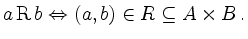 $\displaystyle a \operatorname{R}b \Leftrightarrow (a,b) \in R \subseteq A \times B\,.
$