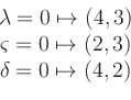 \begin{displaymath}
\begin{array}{c}
\lambda = 0 \mapsto (4,3) \\
\varsigm...
...\mapsto (2,3) \\
\delta = 0 \mapsto (4,2) \\
\end{array}
\end{displaymath}