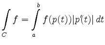 $\displaystyle \int\limits_C f = \int\limits_a^b f(p(t))\vert p'(t)\vert\,dt
$